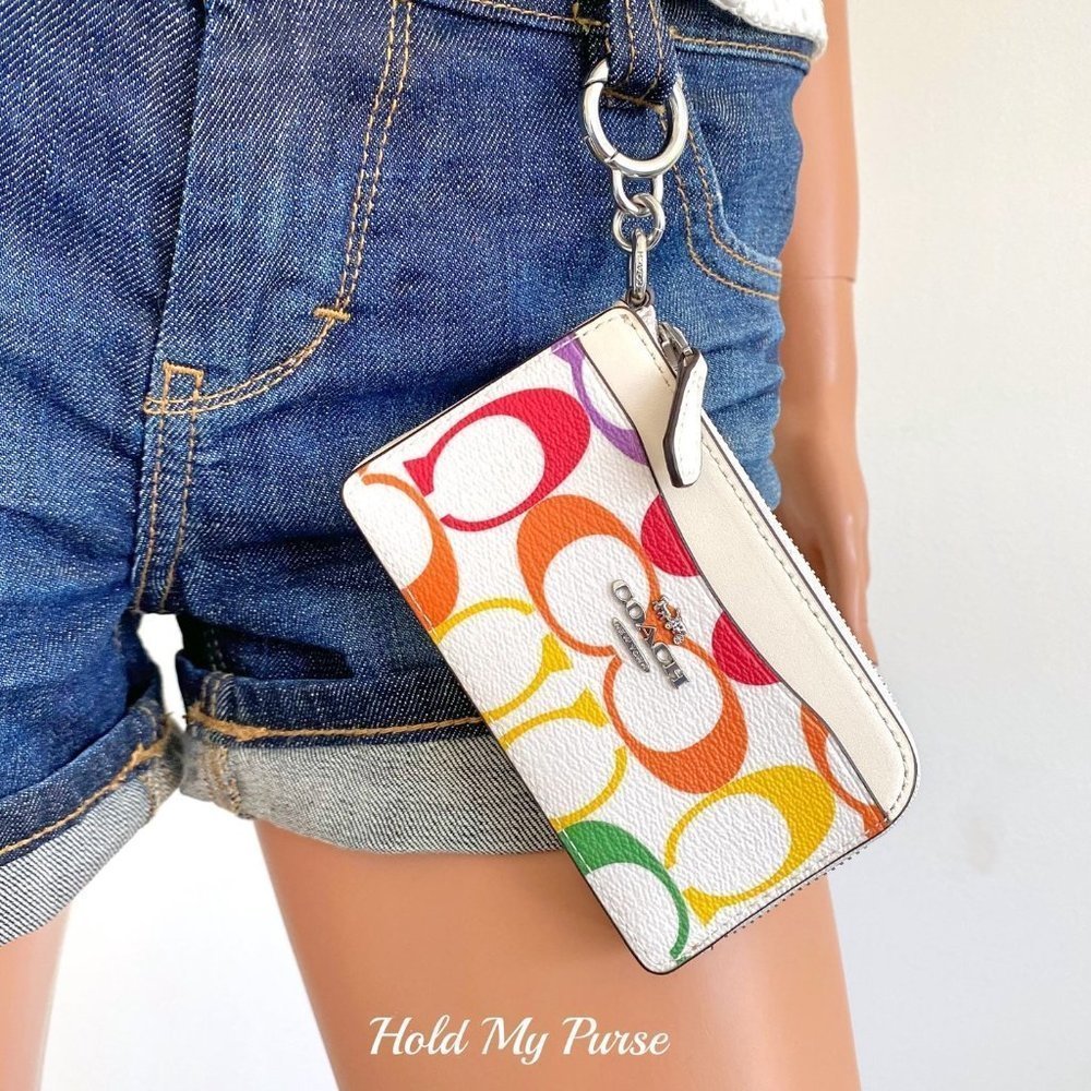 Coach Rainbow Signature Card Case ID Wallet Keychain Bag Charm NWT - Picture 2 of 7